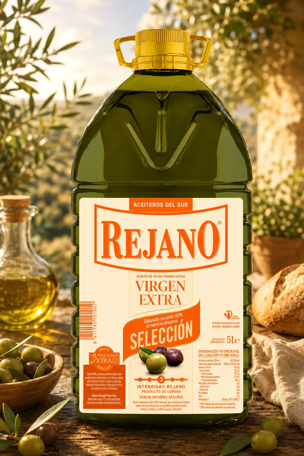 Botella de aceite de oliva virgen extra premium sobre mesa de madera con olivar de la huerta Rejano en Palma del Río.