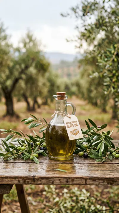 Botella de aceite de oliva virgen extra premium sobre mesa de madera con olivar de la huerta Rejano en Palma del Río.